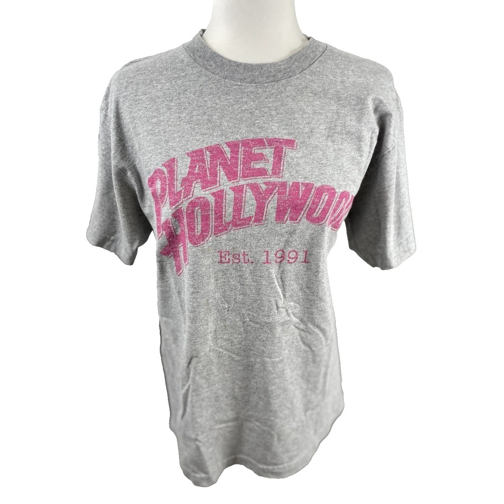 VTG Planet‎ Hollywood EST 1991 Medium T-Shirt Gray Heavy Cotton Pink Letters
